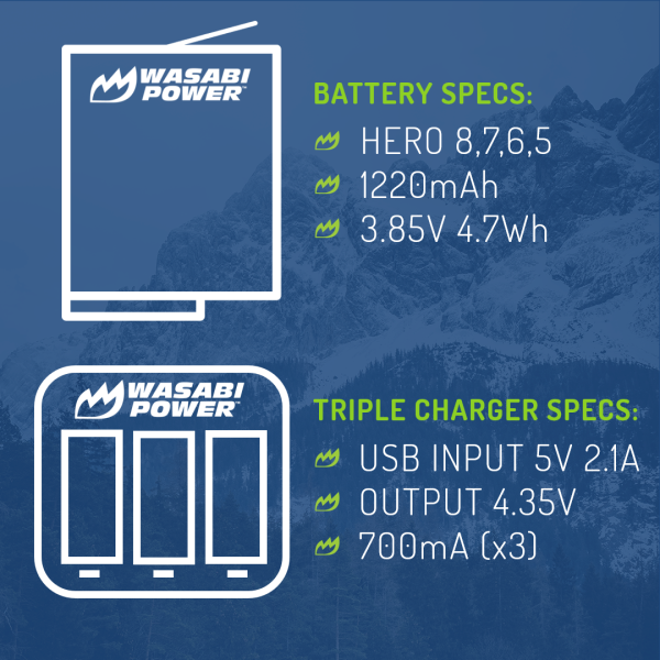 GoPro HERO8 Battery (4-Pack) and Triple Charger Compatible with HERO7 Black, HERO6, HERO5 by Wasabi Power For Sale