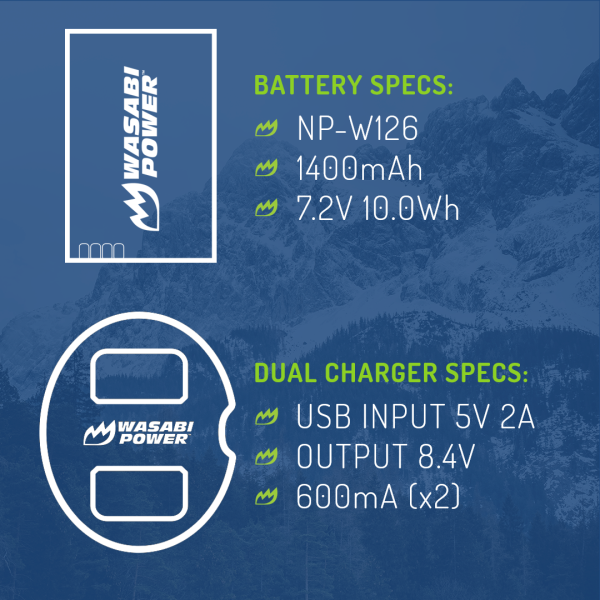 Fujifilm NP-W126, NP-W126S Battery (3-Pack) and Dual Charger by Wasabi Power Online