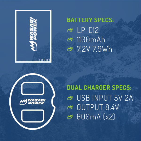 Canon LP-E12 Battery (2-Pack) and Dual Charger by Wasabi Power Online